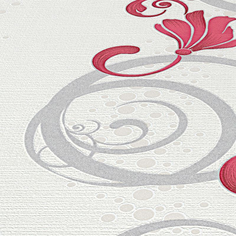 Papier peint vinyle expansé sur intissé floral framboise et gris pailleté CLEMATITE - Fleur par Erismann - 13287-20