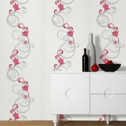 Papier peint vinyle expansé sur intissé floral framboise et gris pailleté CLEMATITE - Fleur par Erismann - 13287-20