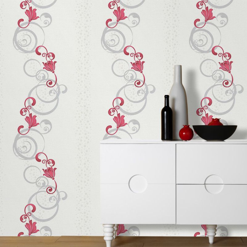 Papier peint vinyle expansé sur intissé floral framboise et gris pailleté CLEMATITE - Fleur par Erismann - 13287-20