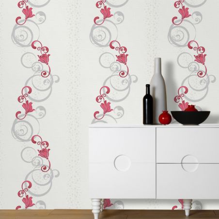 Papier peint vinyle expansé sur intissé floral framboise et gris pailleté CLEMATITE - Fleur par Erismann - 13287-20 Papier peint vinyle expansé sur intissé floral framboise et gris pailleté CLEMATITE - Fleur par Erismann - 13287-20