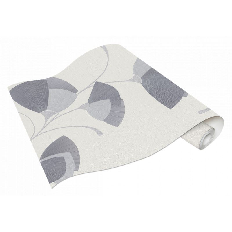 Papier peint vinyle sur intissé floral gris pailleté et blanc cassé EVENTAIL - Fleur par Erismann - 02458-10