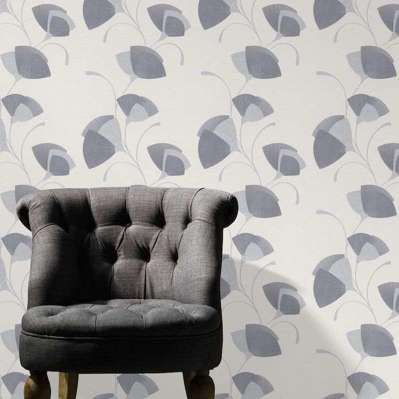 Papier peint vinyle sur intissé floral gris pailleté et blanc cassé EVENTAIL - Fleur par Erismann - 02458-10