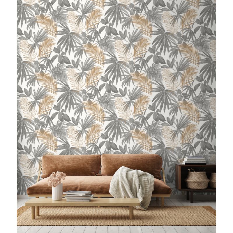 Papier peint vinyle sur intissé végétal gris et cuivre WILD PALM - Jungle Fever par Grandeco - JF3601