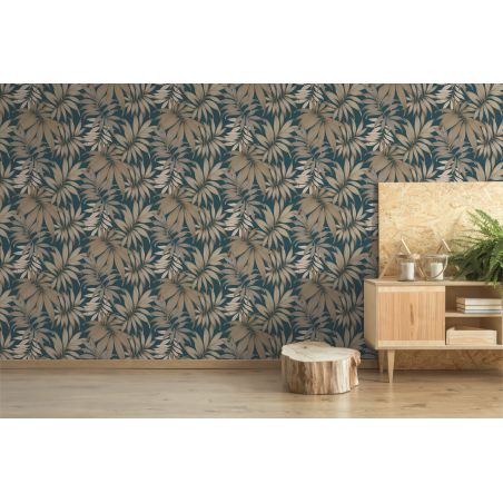 Papier peint vinyle sur papier floral bleu et doré PALME VOGUE - Fleur par Grandeco - A45303