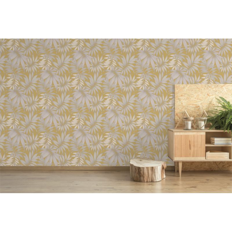 Papier peint vinyle sur papier floral jaune et argenté PALME VOGUE - Fleur par Grandeco - A45301