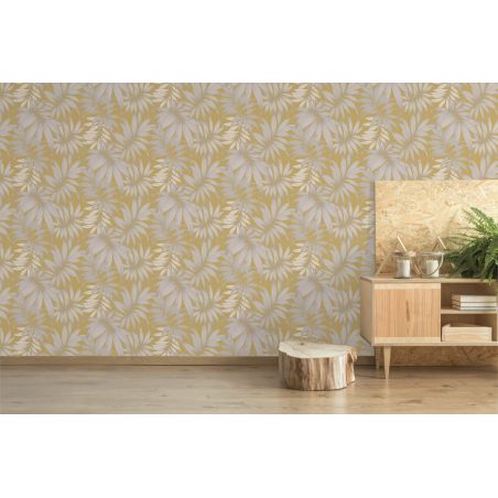 Papier peint vinyle sur papier floral jaune et argenté PALME VOGUE - Fleur par Grandeco - A45301