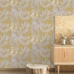 Papier peint vinyle sur papier floral jaune et argenté PALME VOGUE - Fleur par Grandeco - A45301
