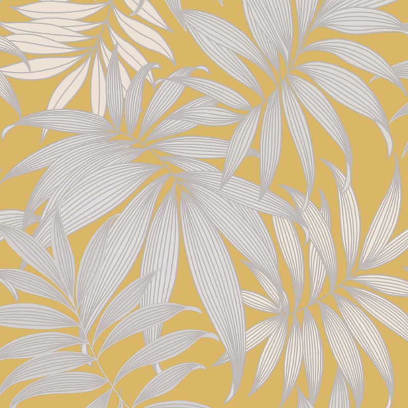 Papier peint vinyle sur papier floral jaune et argenté PALME VOGUE - Fleur par Grandeco - A45301