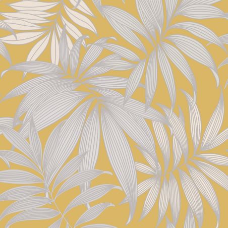Papier peint vinyle sur papier floral jaune et argenté PALME VOGUE - Fleur par Grandeco - A45301