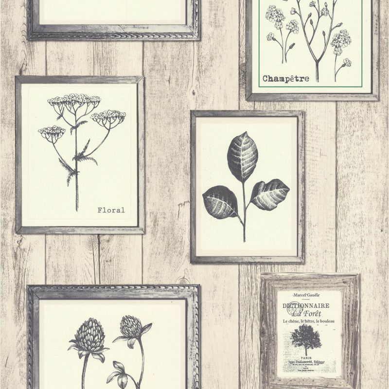 Papier peint vinyle sur intissé floral beige et gris CADRES BOTANIQUE - Garden Party par Lutèce - 11161509