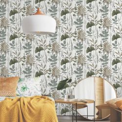 Papier peint vinyle sur intissé floral vert et café GRAMINEE EXOTIQUE - Fleur par Lutèce - 51210304