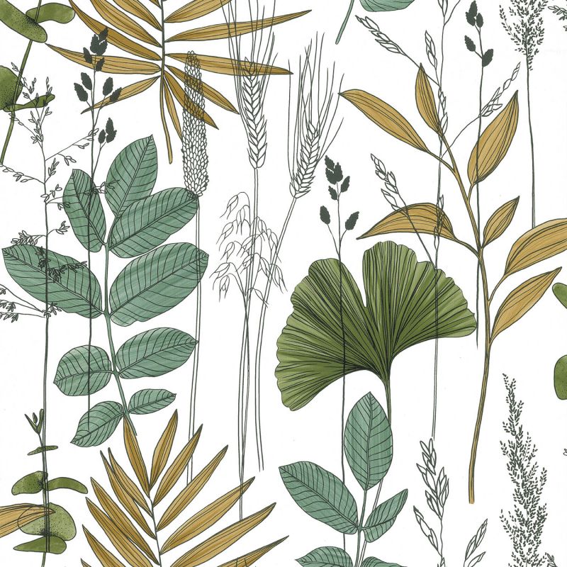 Papier peint vinyle sur intissé floral vert et café GRAMINEE EXOTIQUE - Fleur par Lutèce - 51210304