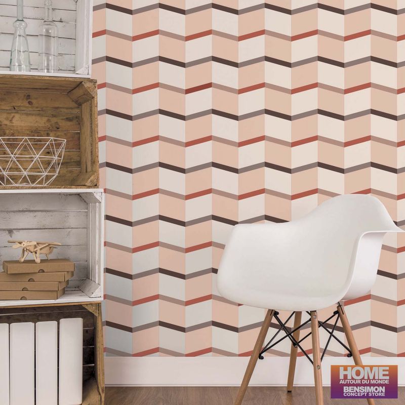 Papier peint vinyle sur intissé graphique saumon et beige STAIRS - Bensimon par Lutèce - 51172703