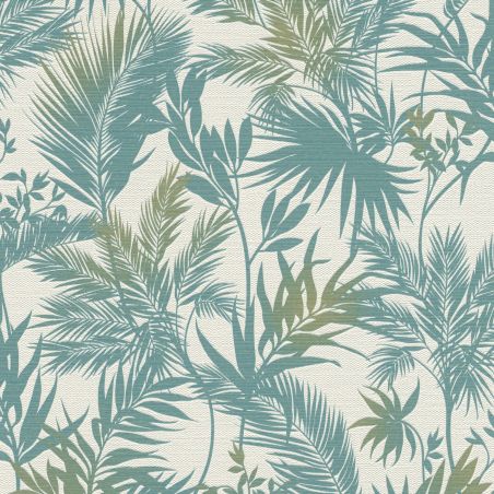Papier peint expansé sur intissé végétal bleu et vert CURACAO - Jungle par Rasch - 704112