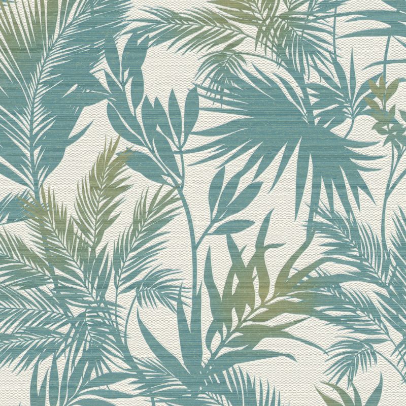 Papier peint expansé sur intissé végétal bleu et vert CURACAO - Jungle par Rasch - 704112