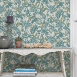 Papier peint expansé sur intissé végétal bleu et vert CURACAO - Jungle par Rasch - 704112