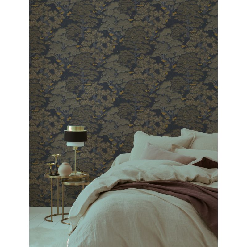 Papier peint vinyle sur intissé floral bleu nuit et or KYOTO JUNGLE - Fleur par Rasch - 477214