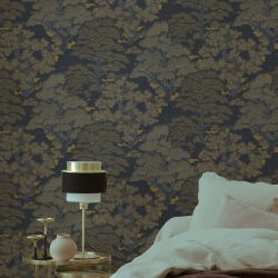 Papier peint vinyle sur intissé floral bleu nuit et or KYOTO JUNGLE - Fleur par Rasch - 477214