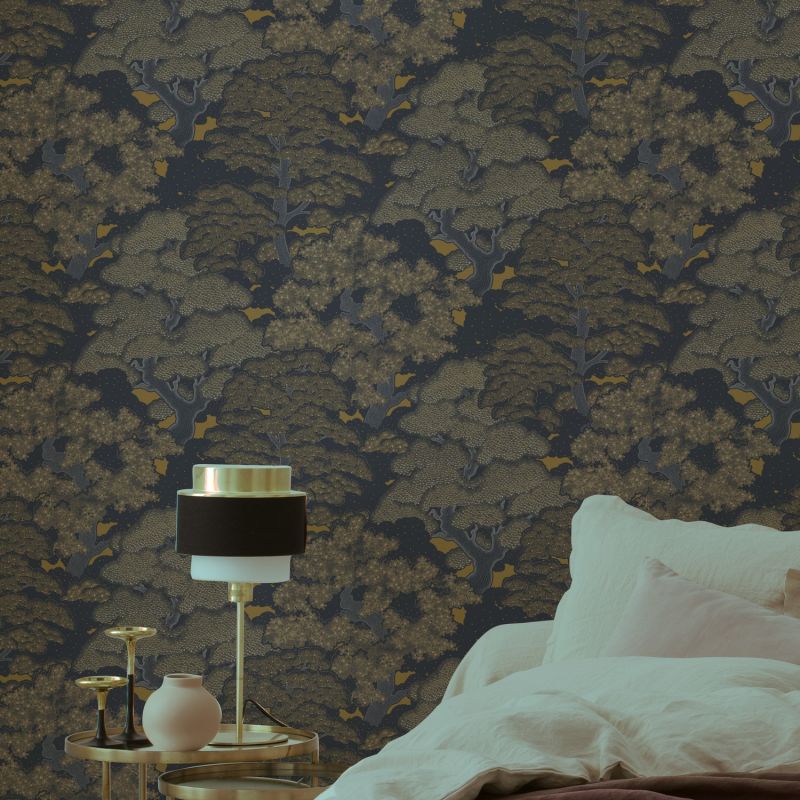 Papier peint vinyle sur intissé floral bleu nuit et or KYOTO JUNGLE - Fleur par Rasch - 477214