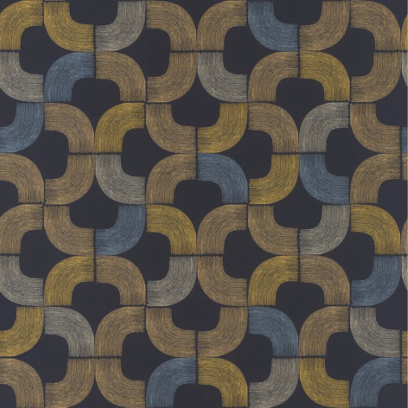 Papier peint vinyle sur intissé graphique bleu et jaune KYOTO PONT - Géométrique par Rasch - 477313