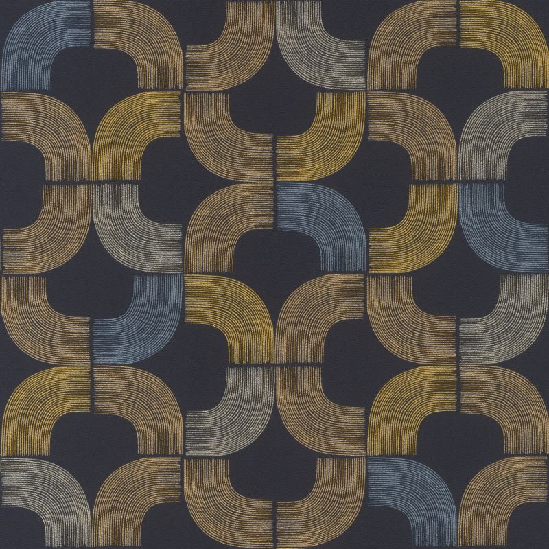 Papier peint vinyle sur intissé graphique bleu et jaune KYOTO PONT - Géométrique par Rasch - 477313