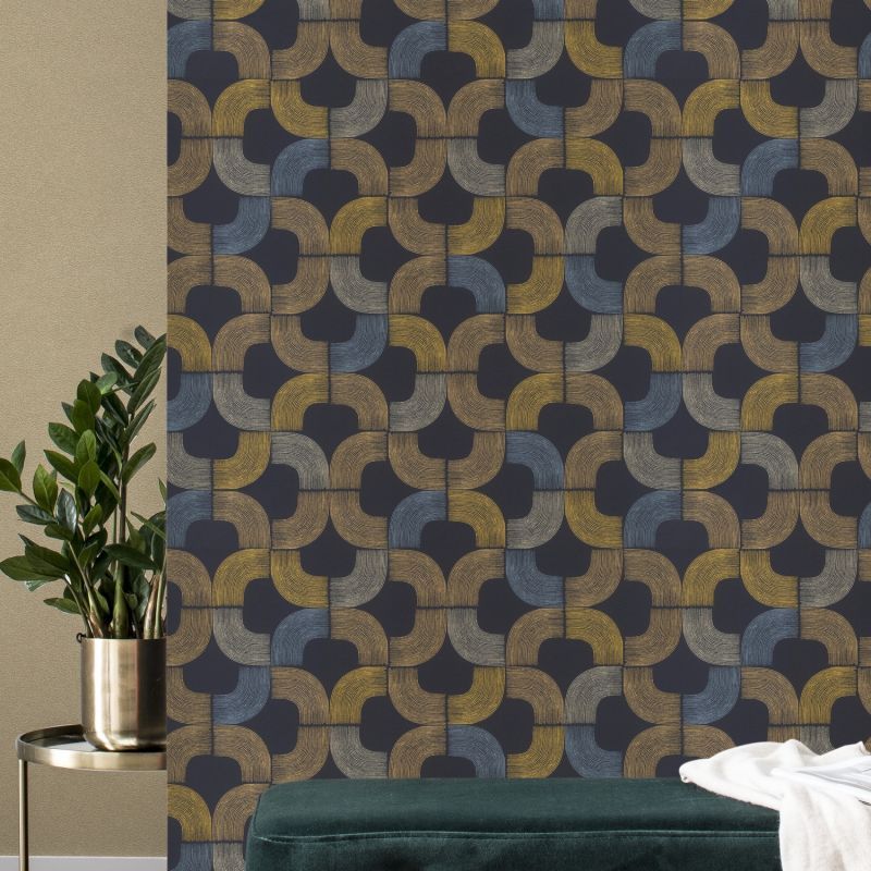 Papier peint vinyle sur intissé graphique bleu et jaune KYOTO PONT - Géométrique par Rasch - 477313