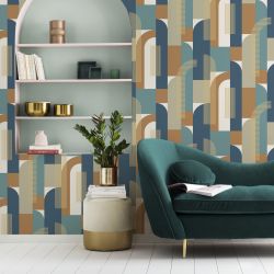 Papier peint vinyle sur intissé graphique bleu marine et paprika ARCHE - Géométrique par Rasch - 480016
