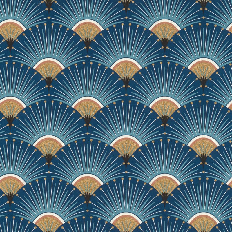 Papier peint vinyle sur intissé graphique doré et bleu PALMETTES - Géométrique par Rasch - 637632