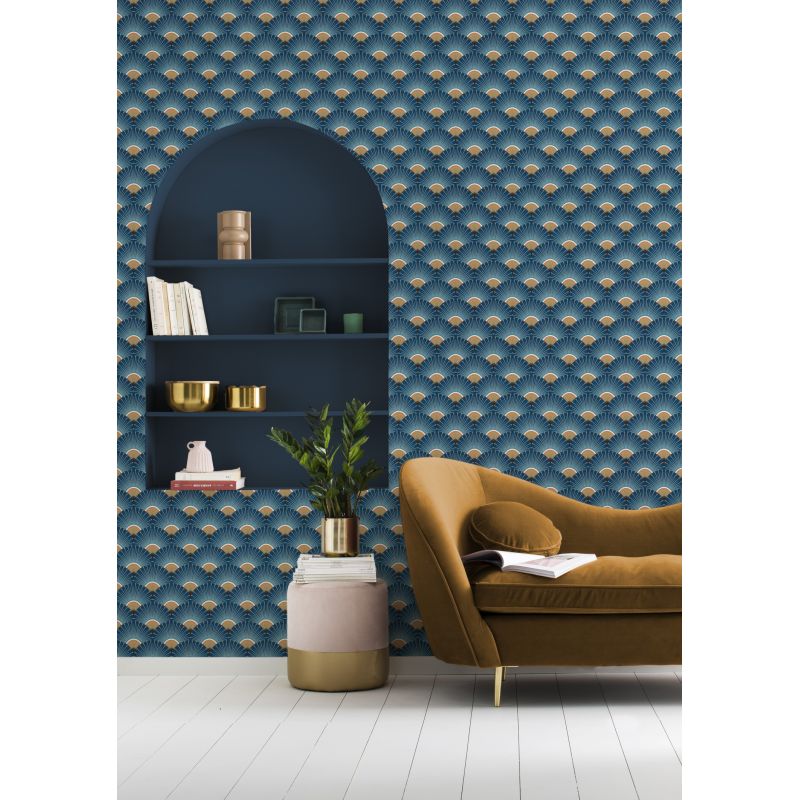 Papier peint vinyle sur intissé graphique doré et bleu PALMETTES - Géométrique par Rasch - 637632