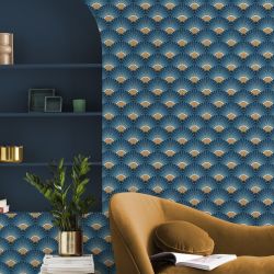 Papier peint vinyle sur intissé graphique doré et bleu PALMETTES - Géométrique par Rasch - 637632