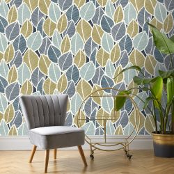 Papier peint vinyle sur intissé végétal moutarde et bleu JAVA - Jungle par Rasch - 480139