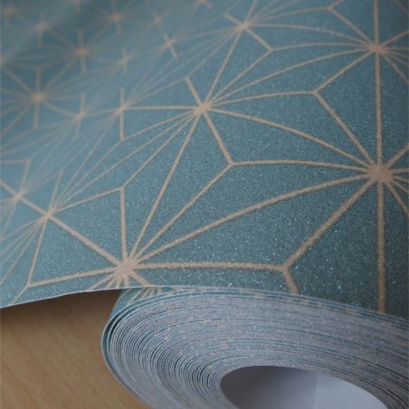 Papier peint expansé sur intissé graphique bleu pailleté et beige ORIGAMI - Géométrique par Ugepa - L48001