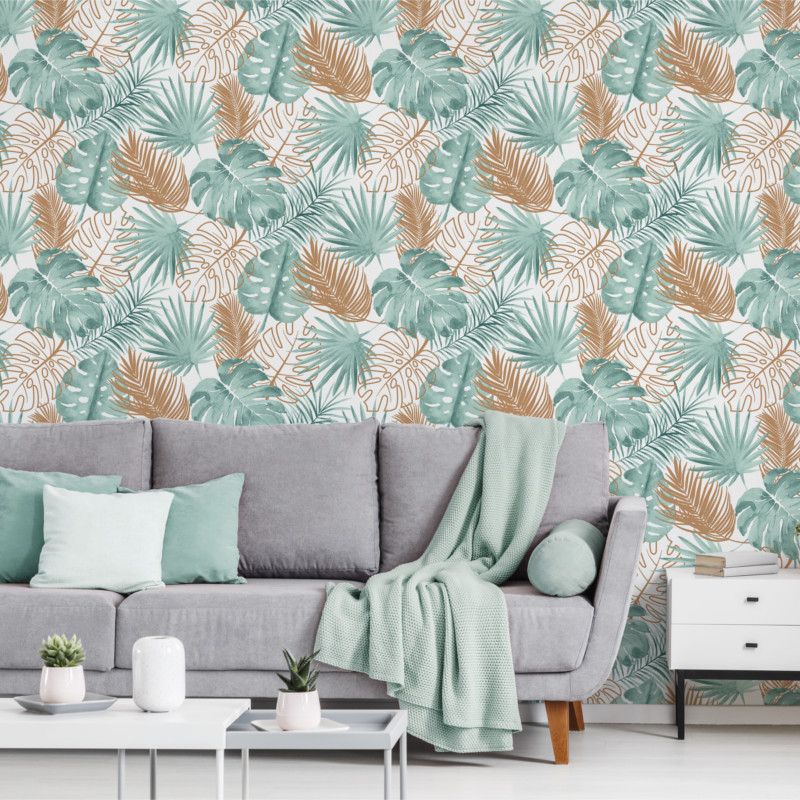 Papier peint expansé sur intissé végétal céladon et cuivre PALMETTE - Escapade par Ugepa - L60404
