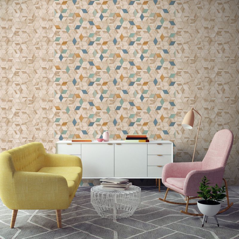 Papier peint vinyle sur intissé graphique bleu et jaune HEXAGONE - Géométrique par Ugepa - L59301