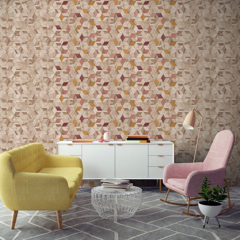 Papier peint vinyle sur intissé graphique rose et jaune HEXAGONE - Géométrique par Ugepa - L59310