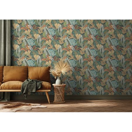 Papier peint vinyle sur intissé végétal vert et ocre FOLIAGE - Eden par Ugepa - M36904