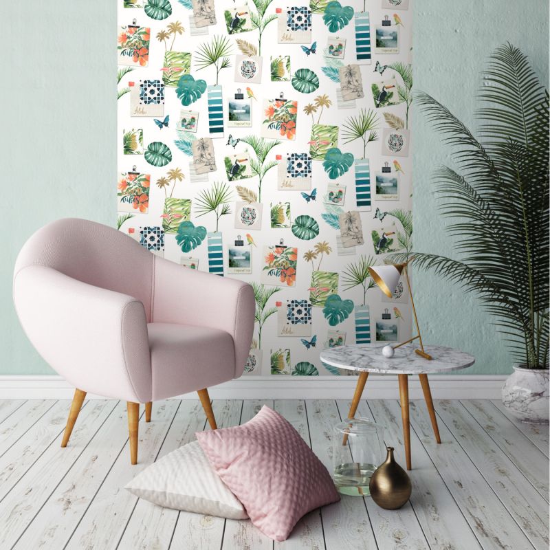 Papier peint vinyle sur papier trompe l'œil vert et rose SOUVENIR DE VACANCES - Jungle par Ugepa - L37304