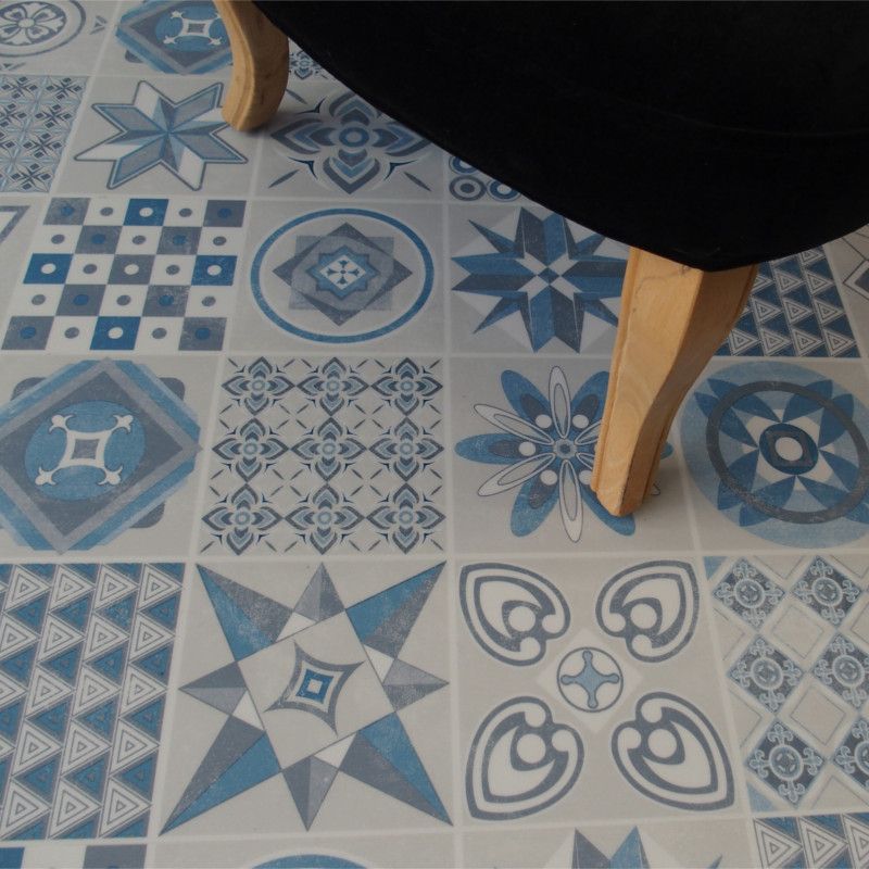 Sol Vinyle/PVC - Lame clipsable - carreaux de ciment blanc et bleu LISBONNE - Decotile par Kalinafloor