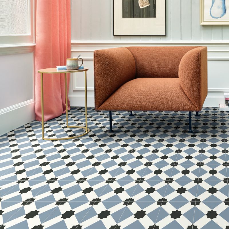 Sol Vinyle/PVC - 2m - carreaux de ciment bleu et noir ESTRELLA T76 - Smart Atento par IVC