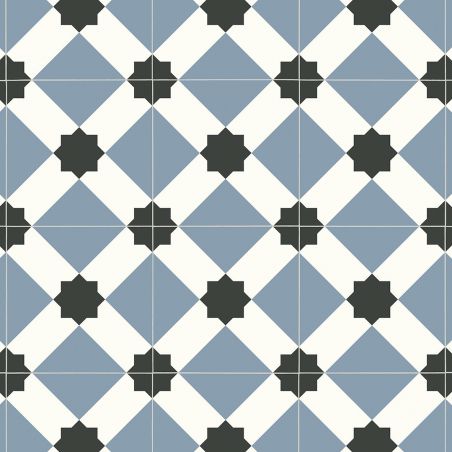 Sol Vinyle/PVC - 2m - carreaux de ciment bleu et noir ESTRELLA T76 - Smart Atento par IVC