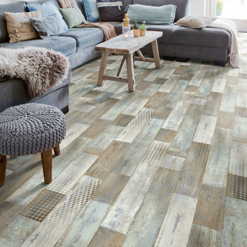 Sol Vinyle/PVC - 3m - parquet vintage beige et bleu CABANA 572 - Smart Bingo Rustic Wood par IVC