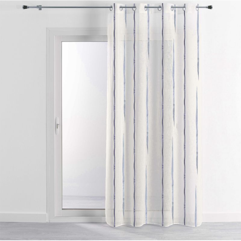 Prêt-à-Poser voilage - 140cmx260cm - rayure fine blanc, bleu persan et argenté LUMIERE par Dechelette