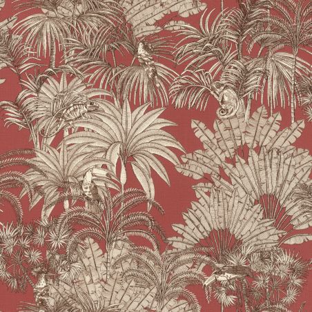 Papier peint vinyle sur intissé végétal écru et terracotta JUNGLE GRAVURE - Tropical House par Rasch - 461428