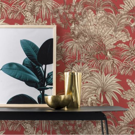 Papier peint vinyle sur intissé végétal écru et terracotta JUNGLE GRAVURE - Tropical House par Rasch - 461428
