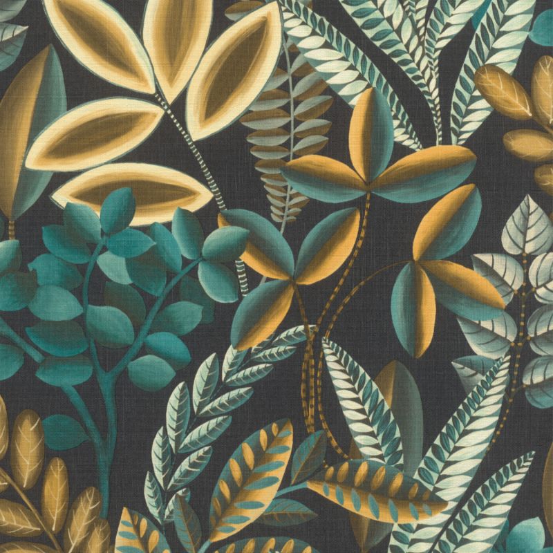 Papier peint vinyle sur intissé végétal ocre et vert émeraude FEUILLES - Florentine 2 par Rasch - 485561