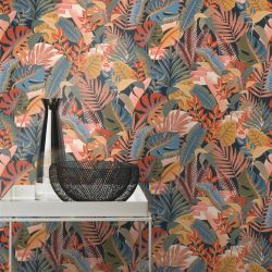 Papier peint vinyle sur intissé végétal terracotta et bleu céruléen FEUILLES TROPICALES - Tropical House par Rasch - 687835