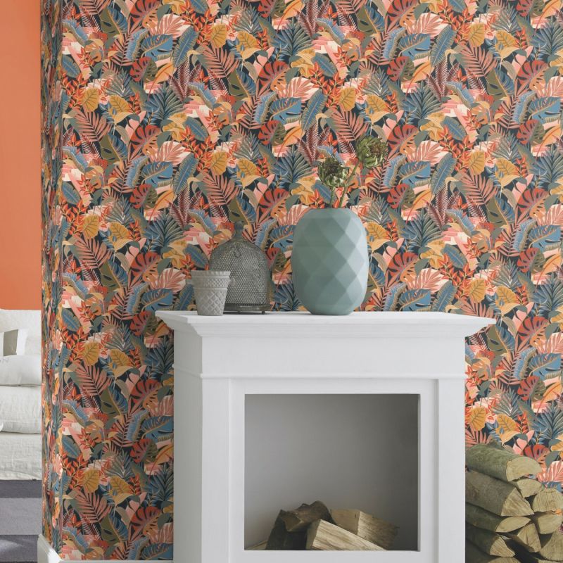 Papier peint vinyle sur intissé végétal terracotta et bleu céruléen FEUILLES TROPICALES - Tropical House par Rasch - 687835