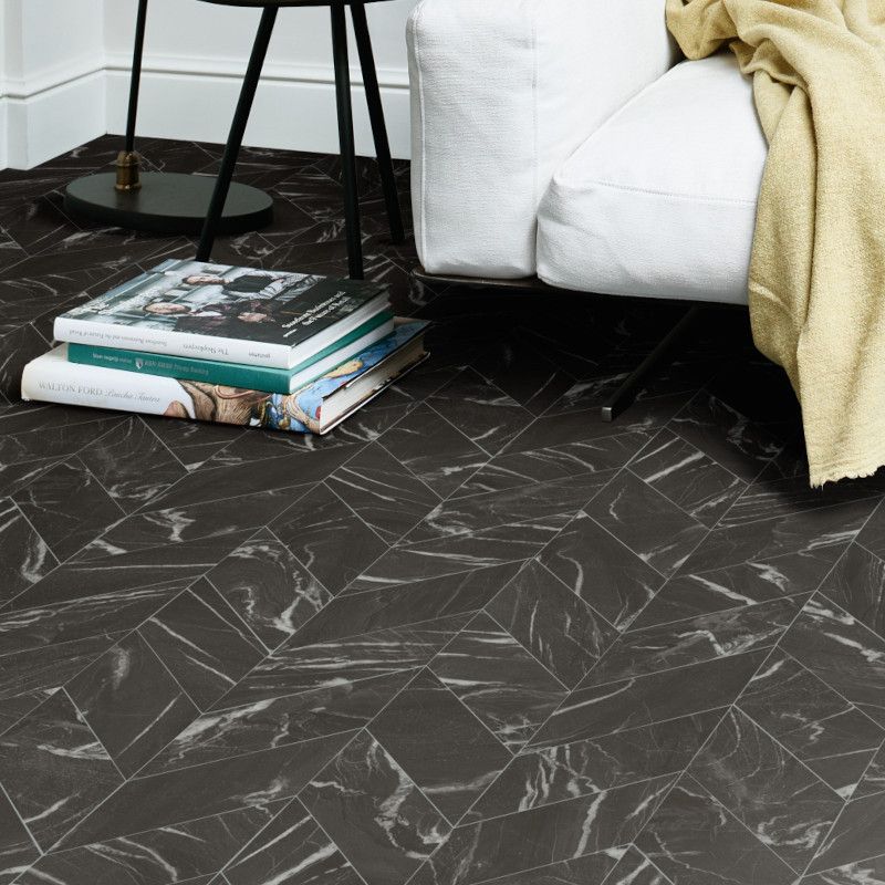 Sol Vinyle/PVC - 4m - marbre chevron noir et blanc ZIANO T99 - Super Ultimate par IVC