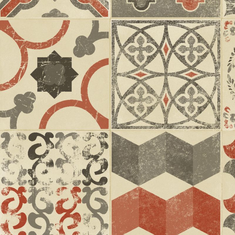 Sol Vinyle/PVC - 4m - carreaux de ciment rouge et beige ALMERIA RED- Iconik Resist par Tarkett