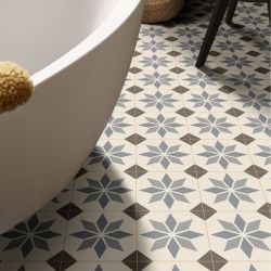 Sol Vinyle/PVC - 4m - carreaux de ciment bleu et marron, fond écru SCOTTSDALE 196L - Optima Retro-tex par Beauflor